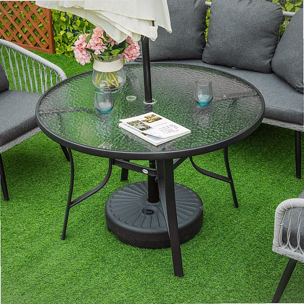 106 cm runder Garten Esstisch mit Sonnenschirmloch Hartglasplatte Stahlgestell