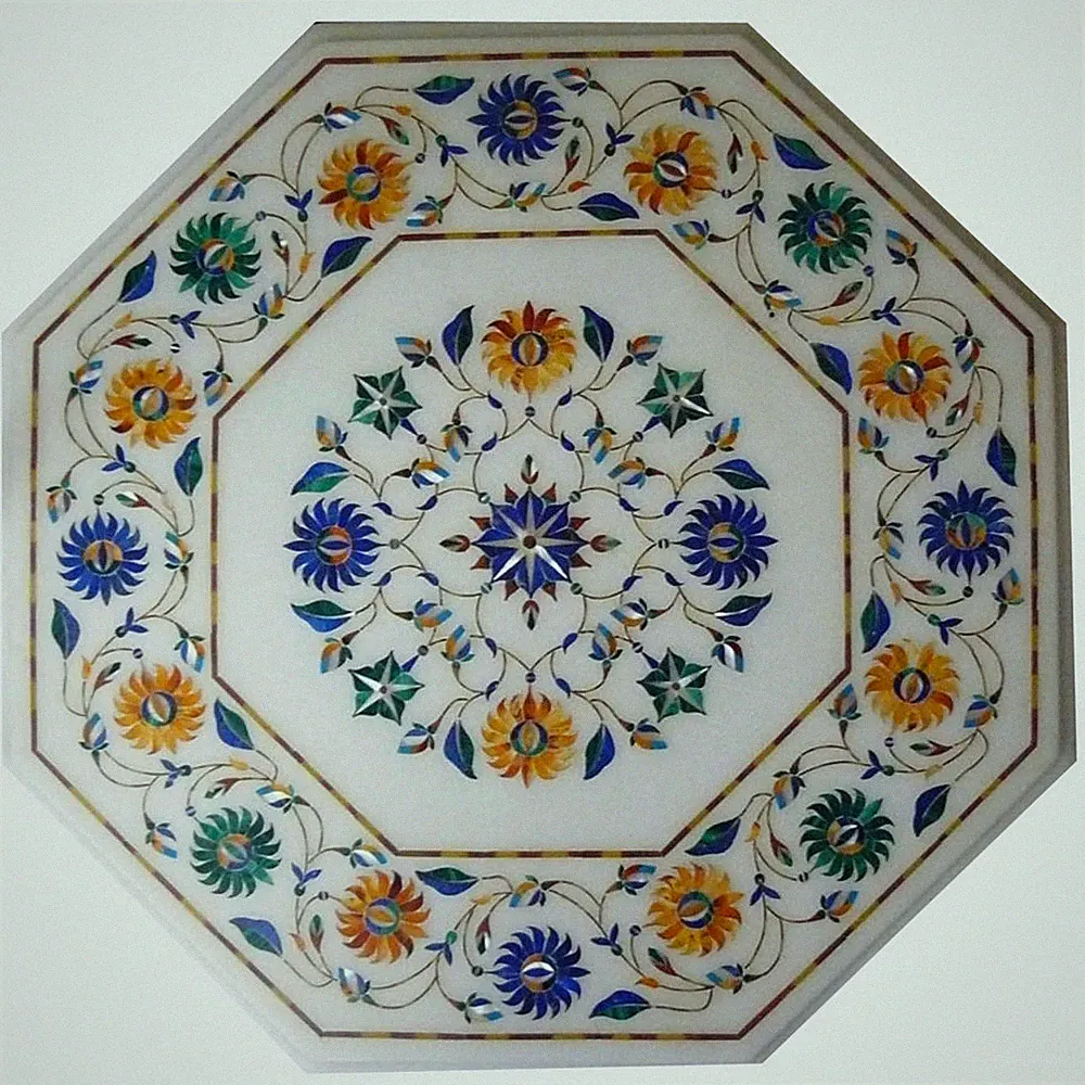 18" Weißer Marmor Ecktischplatte Einlage Pietra Dura Kunst Für Zuhause & Garten