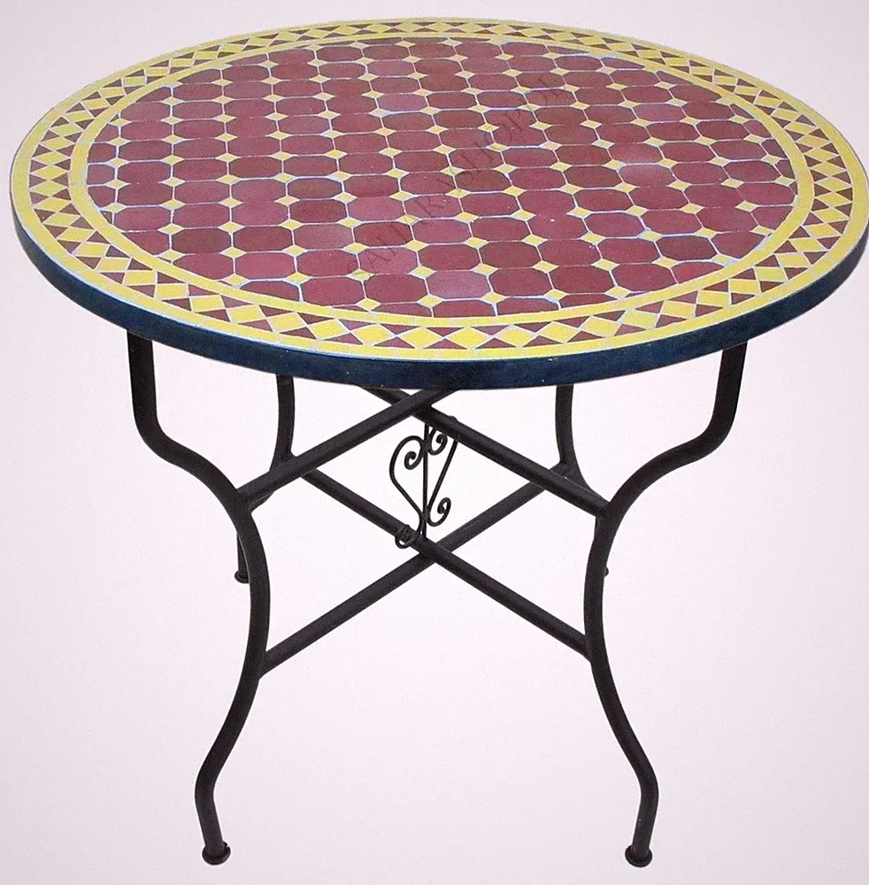 2.Wahl Tisch Gartentisch Rund Mediterraner Mosaiktisch Rund Ø80cm Bordeaux-Gelb