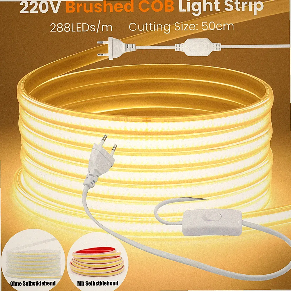 230V COB LED Streifen Wasserdicht Stripe Lichtband Lichtschlauch Selbstklebend