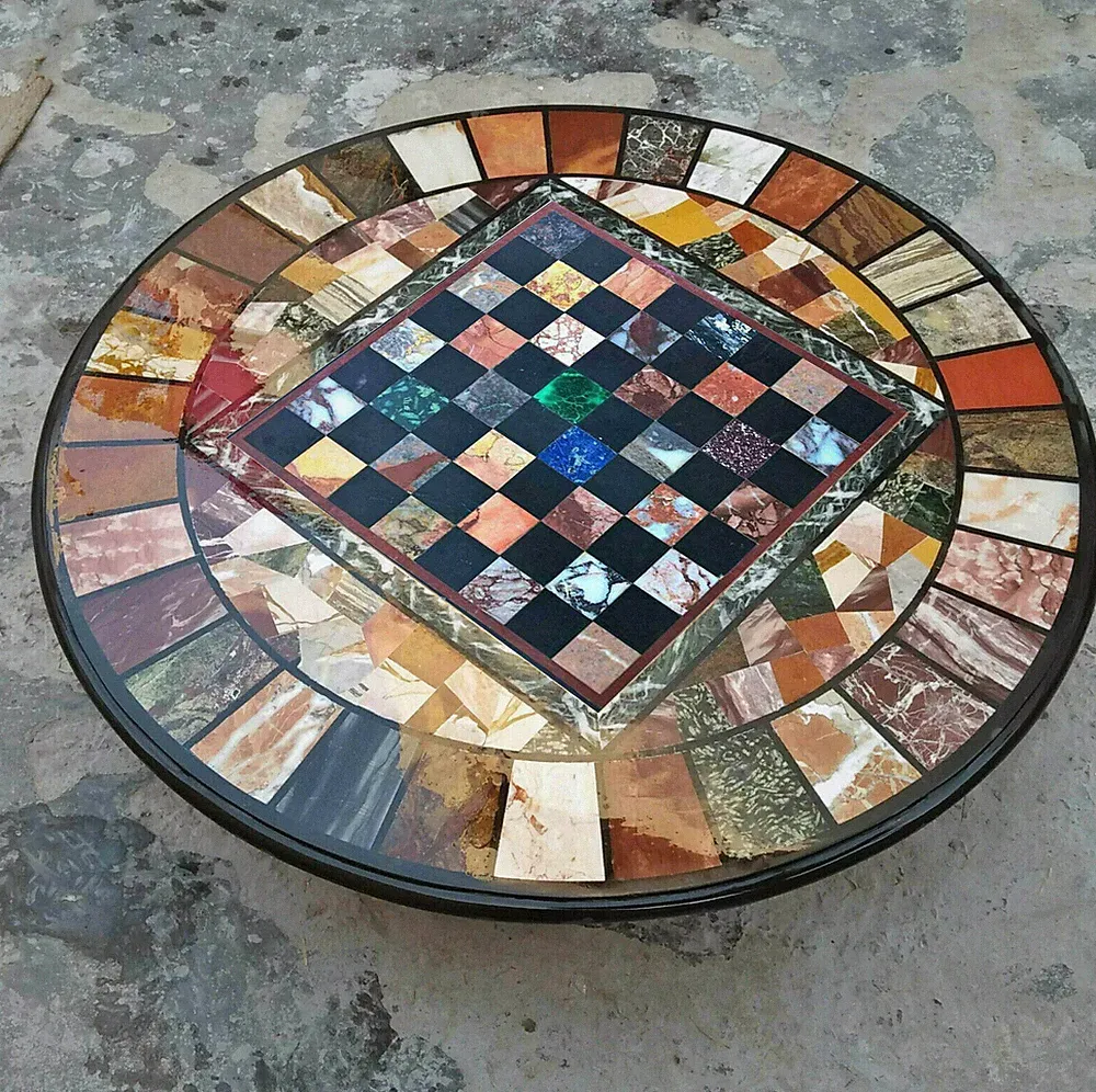 24" Schach Schwarzes Marmor Einlegearbeit Tischplatte Für Zuhause Und Garten