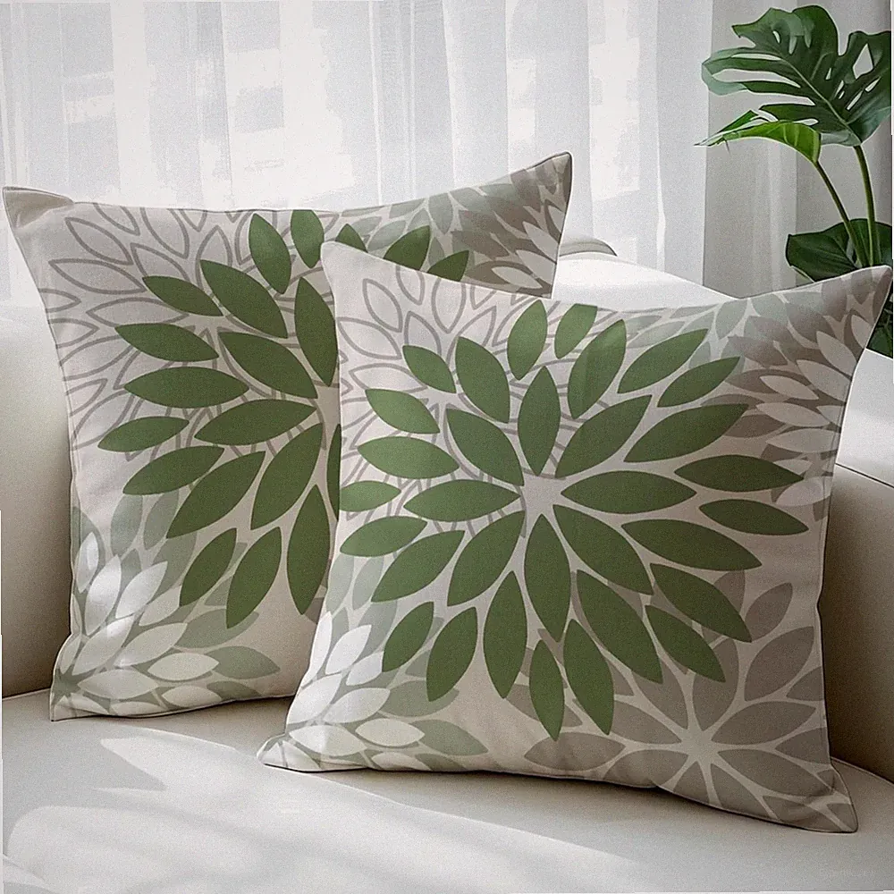 2er Set Dekokissen Bezug 45x45 Blumen Modern Dahlien Leinen Wohnzimmer Gart D...