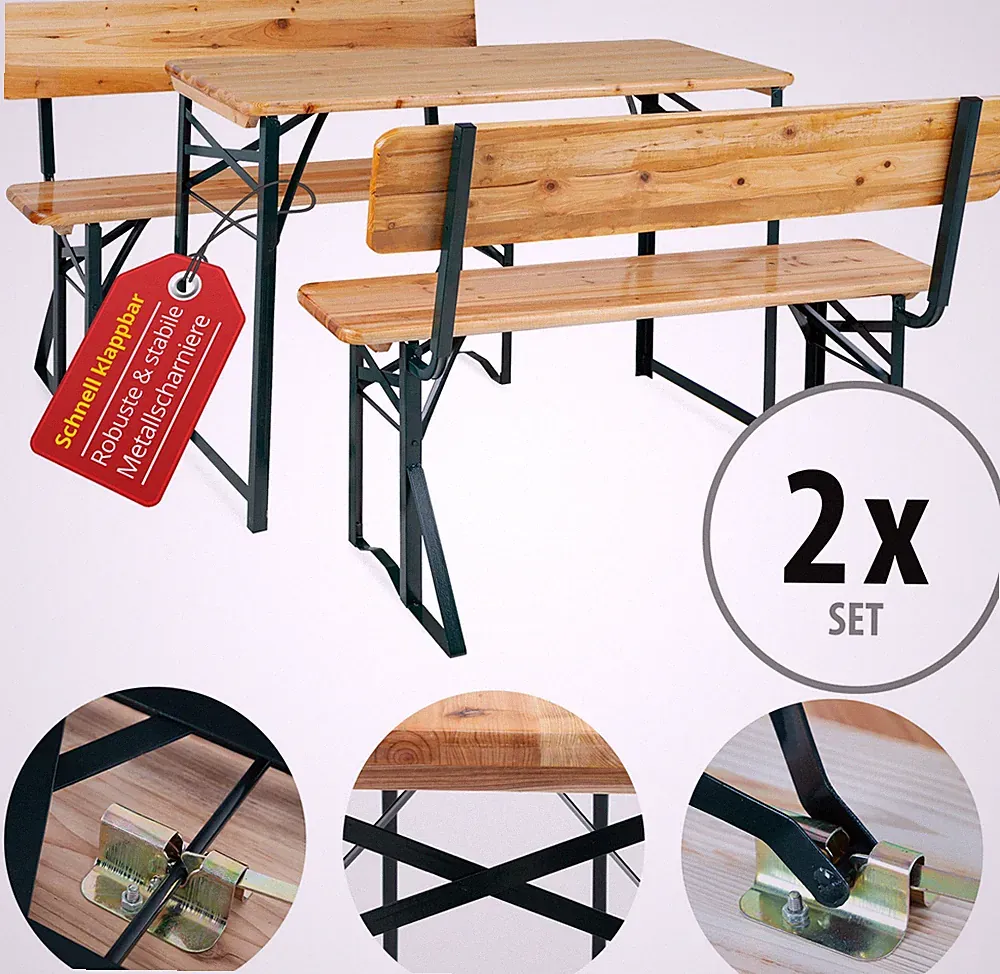 2x kurze Bierzeltgarnitur mit Rückenlehne, Tisch und Bänken für Balkon & Garten