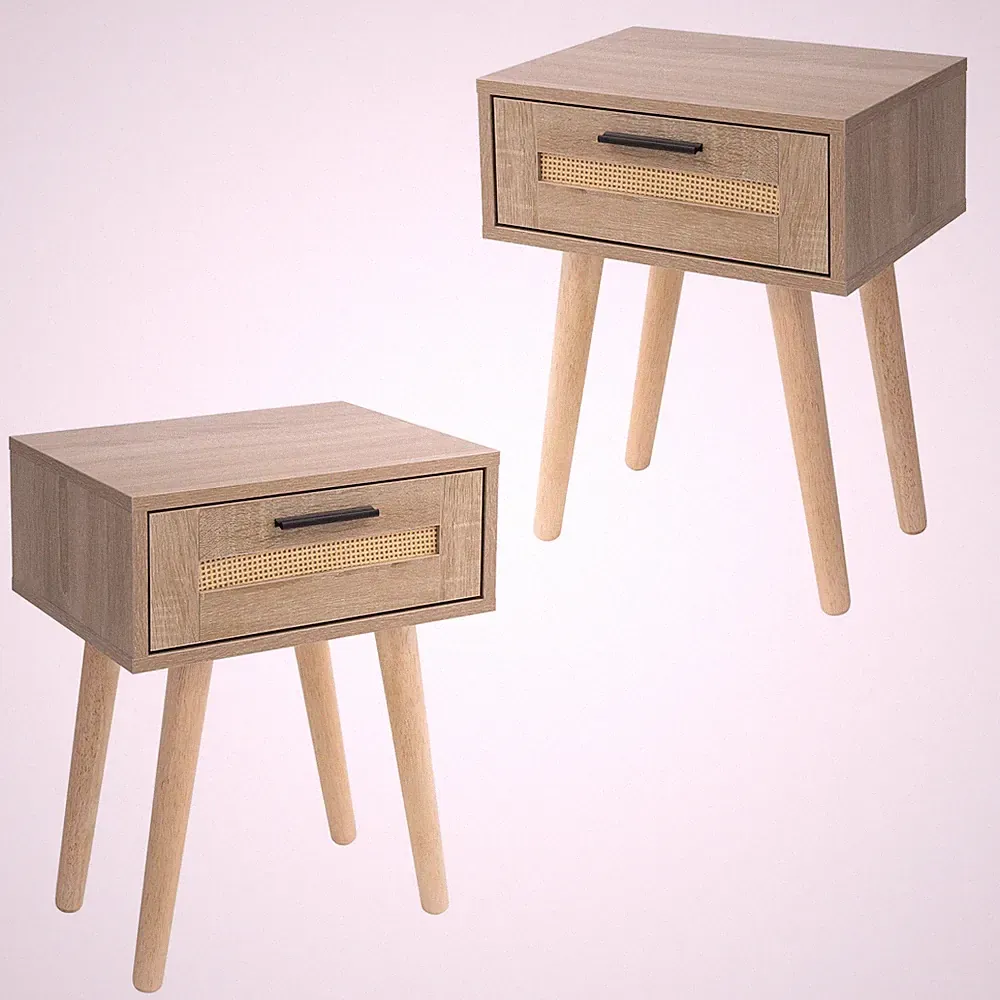 2x Nachttisch mit Schublade Beistelltisch Rattan Nachtkommode Eiche 40x30x50,5cm