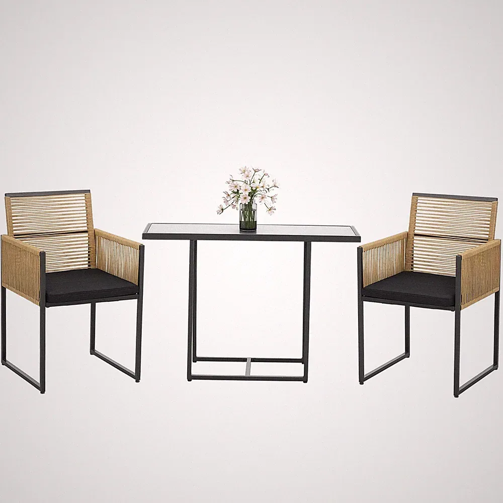 3-teiliges Gartenmöbel-Set für Garten Tisch Stühle Rattanoptik Natur Schwarz