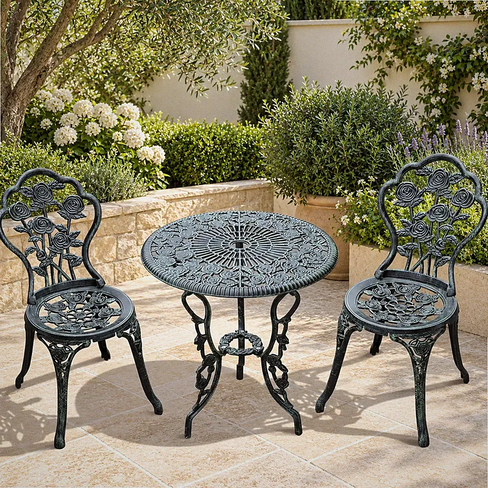 3-tlg. Bistroset Gartenset Gussaluminium Antik Grün Tisch 2 Stühle Wetterfest