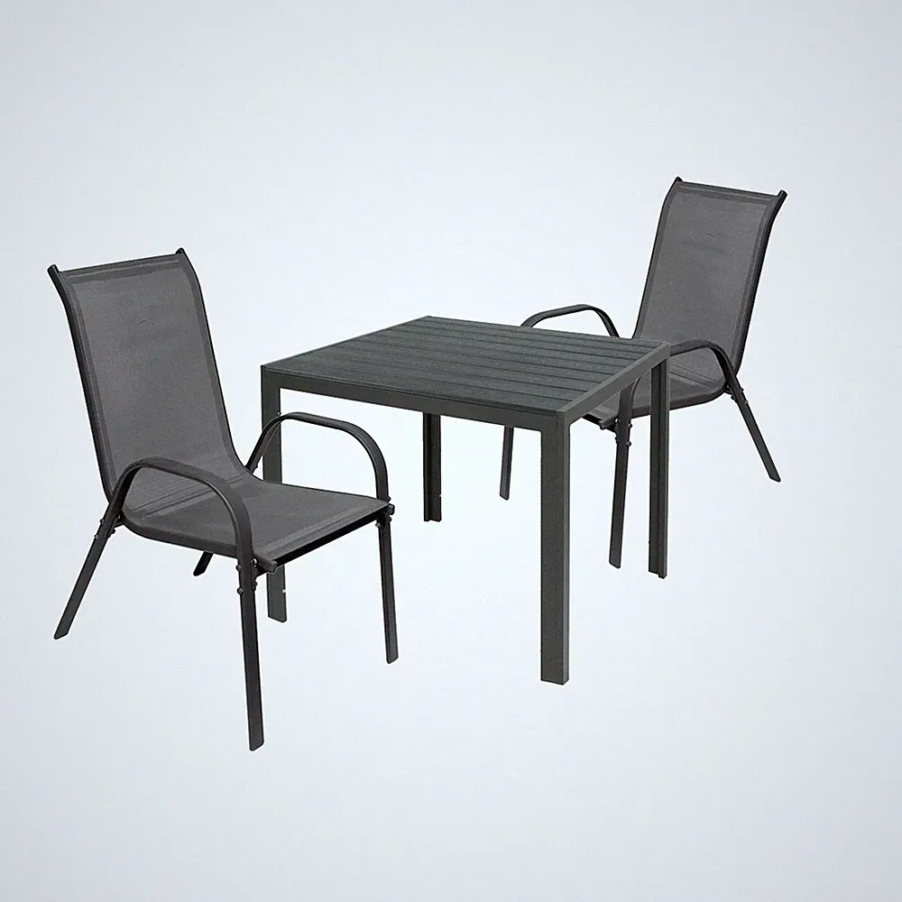 3-tlg. Gartengarnitur Sitzgarnitur Non-Wood 90x90cm Gartentisch Anthrazit / Grau