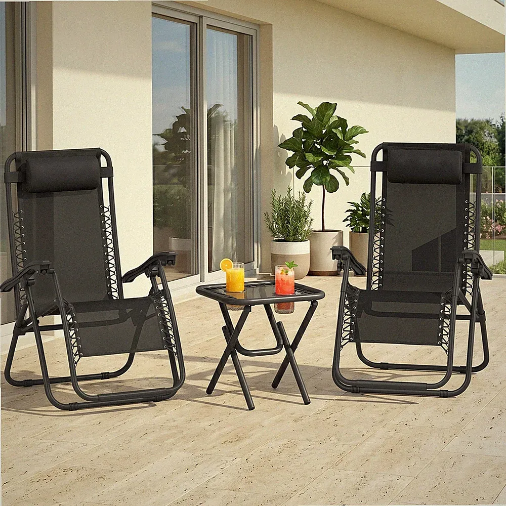 3-tlg. Klappbare Schwerelosigkeit Stühle Sonnenliege Tisch Set mit Getränkehaltern, Schwarz