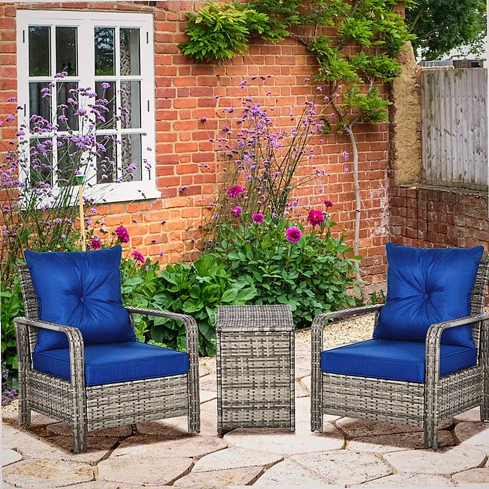 3-tlg. PE-Rattan Gartensitzgruppe mit 2 gepolsterten Stühlen 72 L Aufbewahrungstisch, blau