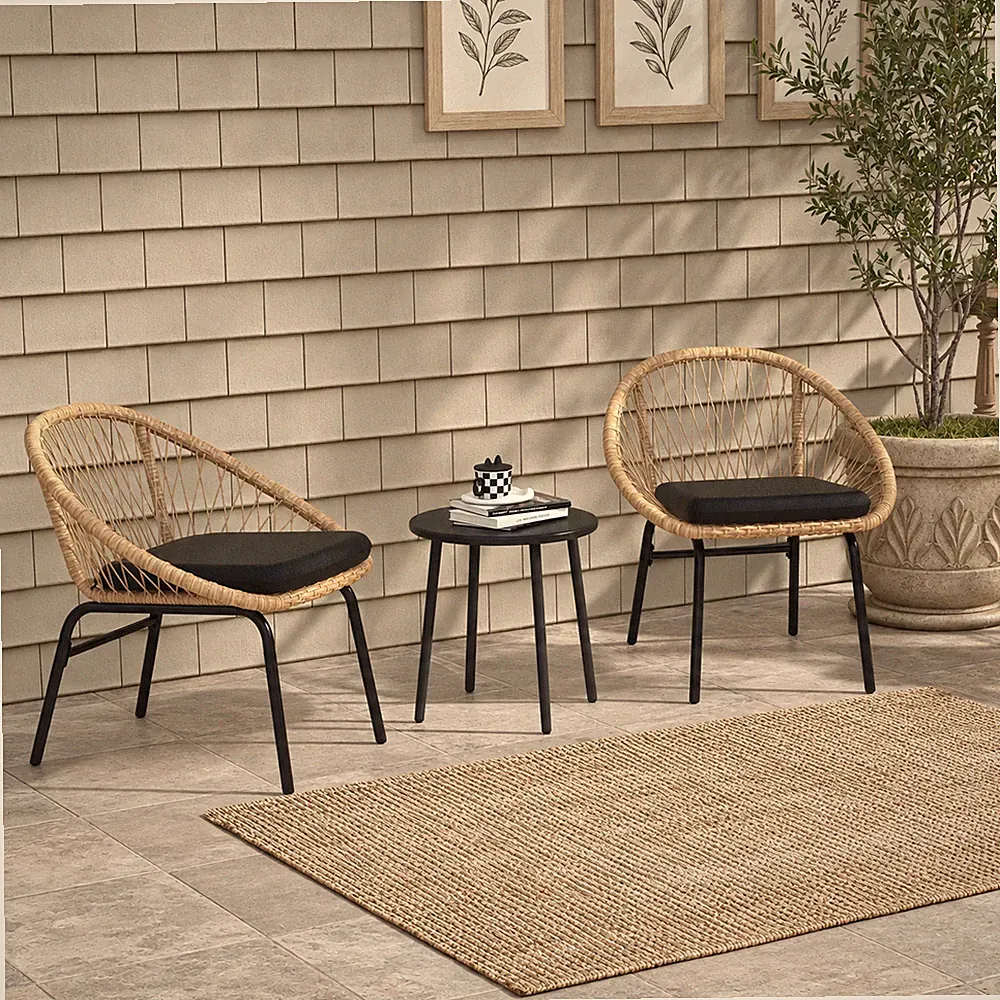 3-tlg Rattan Gartenmöbel Set Terrassengarnitur 2 Sessel Tisch Balkonset Schwarz