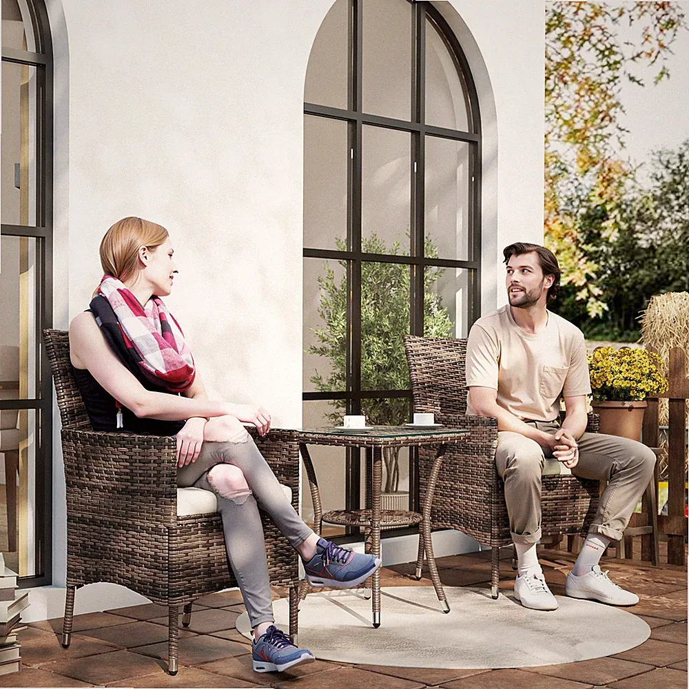 3-tlg. Rattanmöbel Bistrogarnitur Gartentisch Stühle Terrasse Outdoor Braun