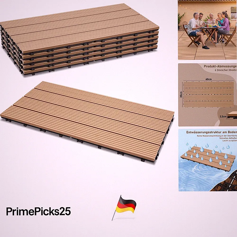 30er Pack WPC Terrassenfliesen Teak 30x60cm für Balkon Garten Terrasse
