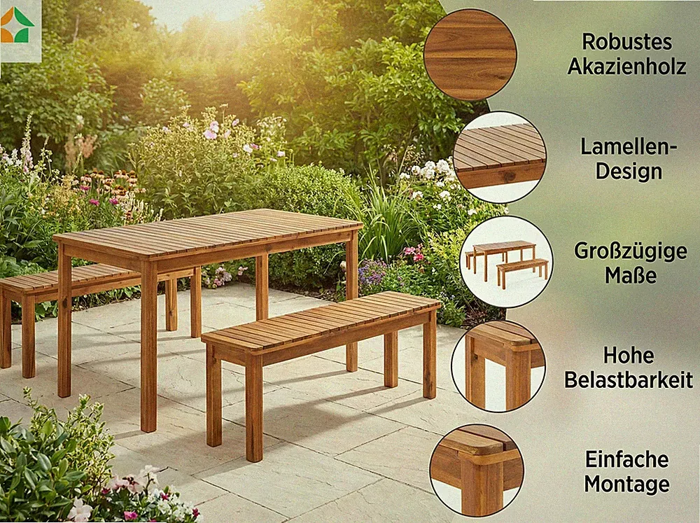 3tlg. Gartensitzgruppe Brian aus 100% Akazienholz, Hellbraun