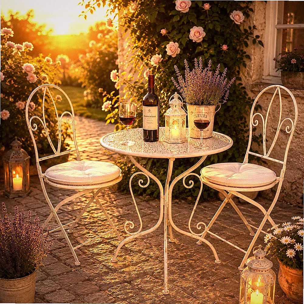 3tlg Tisch & 2 Stühle, Bistro Set Sitzgruppe Metall Landhausstil Garten Balkon