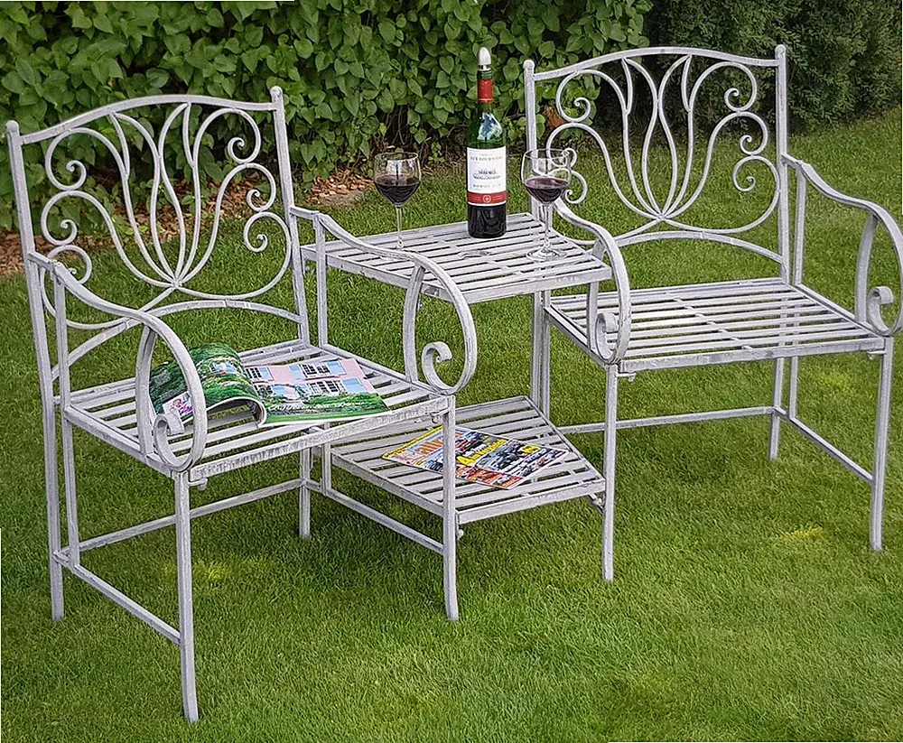 3tlg Tisch & 2 Stühle, Set Sitzgruppe Metall Landhausstil Garten Balkon