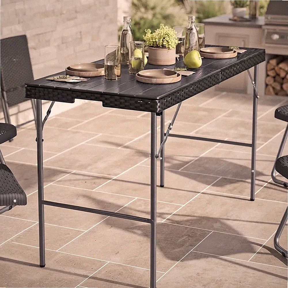 4 Fuß Schwarz Rattan Klapptisch mit Tragegriff - Perfekt für Garten & Partys