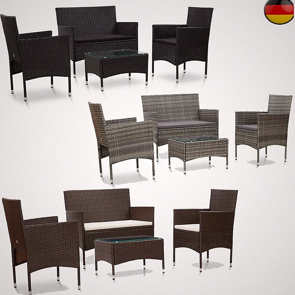 4-tlg. Garten-Lounge-Set Poly Rattan Sitzgruppe Sofa Sessel &Tisch mit Auflagen