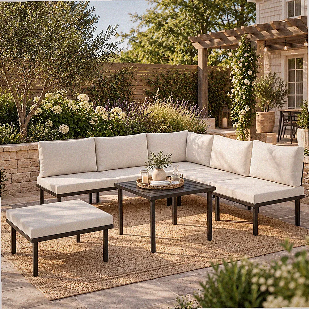 5-6 Personen Gartenmöbel Set Gartenlounge Sofa 2 Stühle Eckstuhl Tisch Hocker
