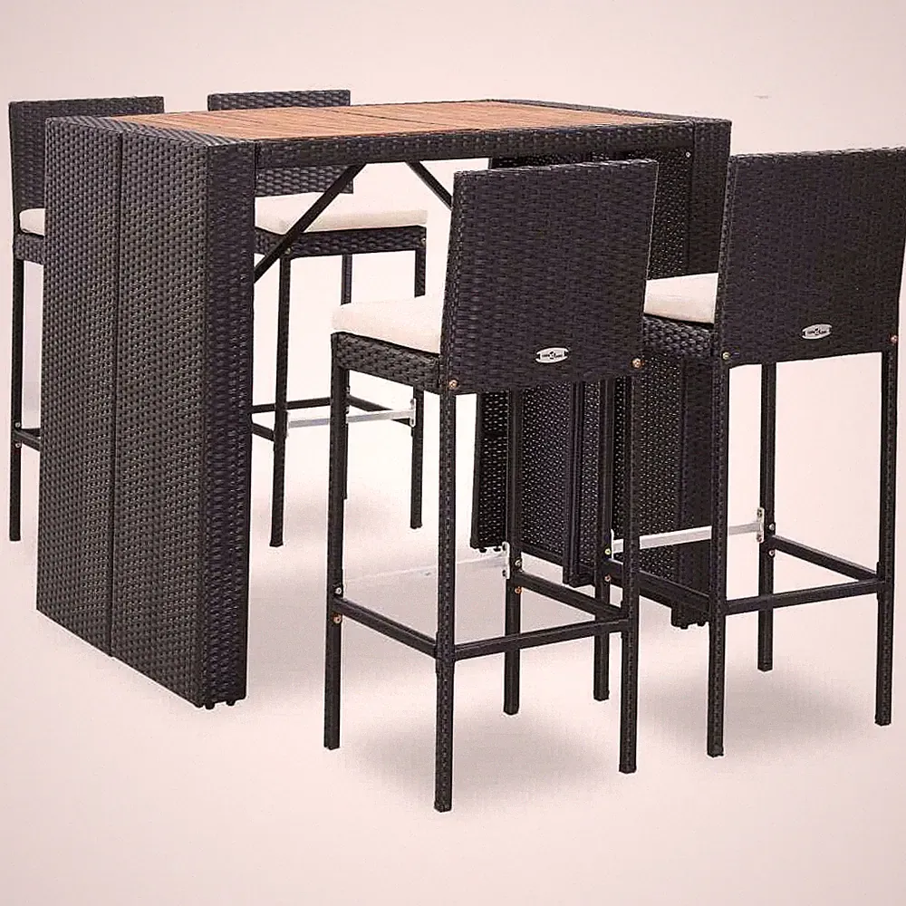 5-tlg. Akazie Gartenbar Set Poly Rattan Schwarz Bartisch Küchentisch Barhocker