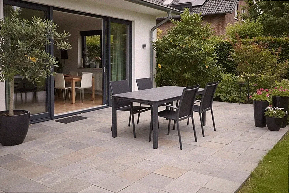 5-tlg. Alu Gartenmöbel Set anthrazit Tisch ausziehbar mit 4 stapelbaren Stühlen