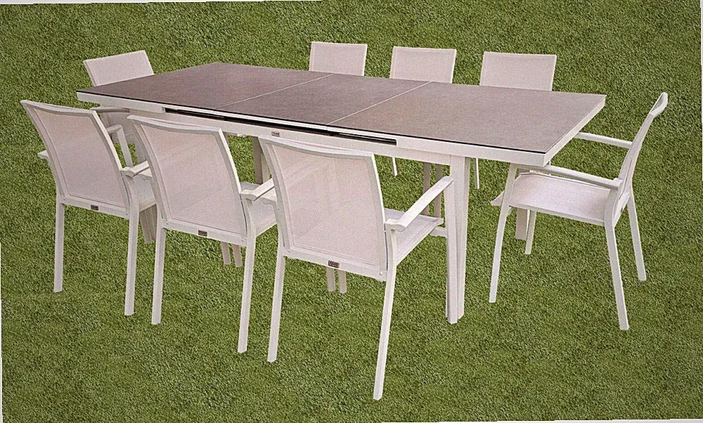 5-tlg. Alu Gartenmöbel Set weiß ausziehbarer Tisch mit 4 stapelbaren Stühlen