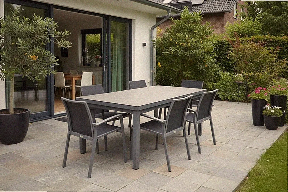 7-tlg. Alu Gartenmöbel Set anthrazit Tisch ausziehbar mit 6 stapelbaren Stühlen