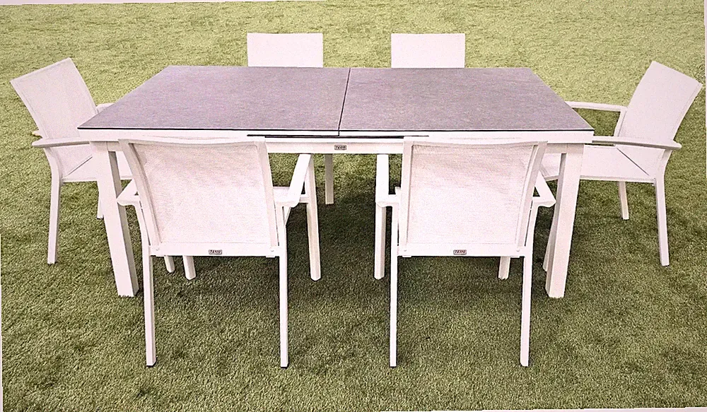 7-tlg. Alu Gartenmöbel Set weiß - Ausziehbarer Tisch mit stapelbaren Stühlen