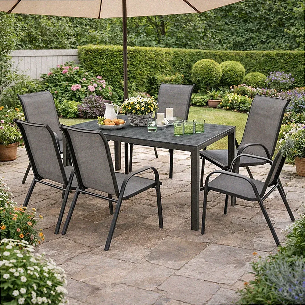 7-tlg. Gartengarnitur Aluminium Non-Wood 180x90cm Gartentisch Anthrazit