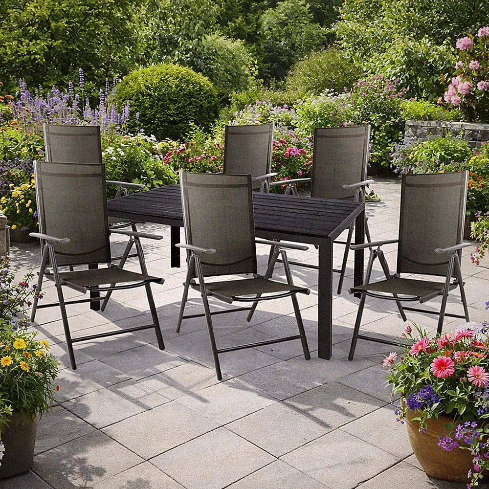 7-tlg. Gartengarnitur Aluminium Non-Wood 180x90cm Gartentisch Anthrazit-Grau