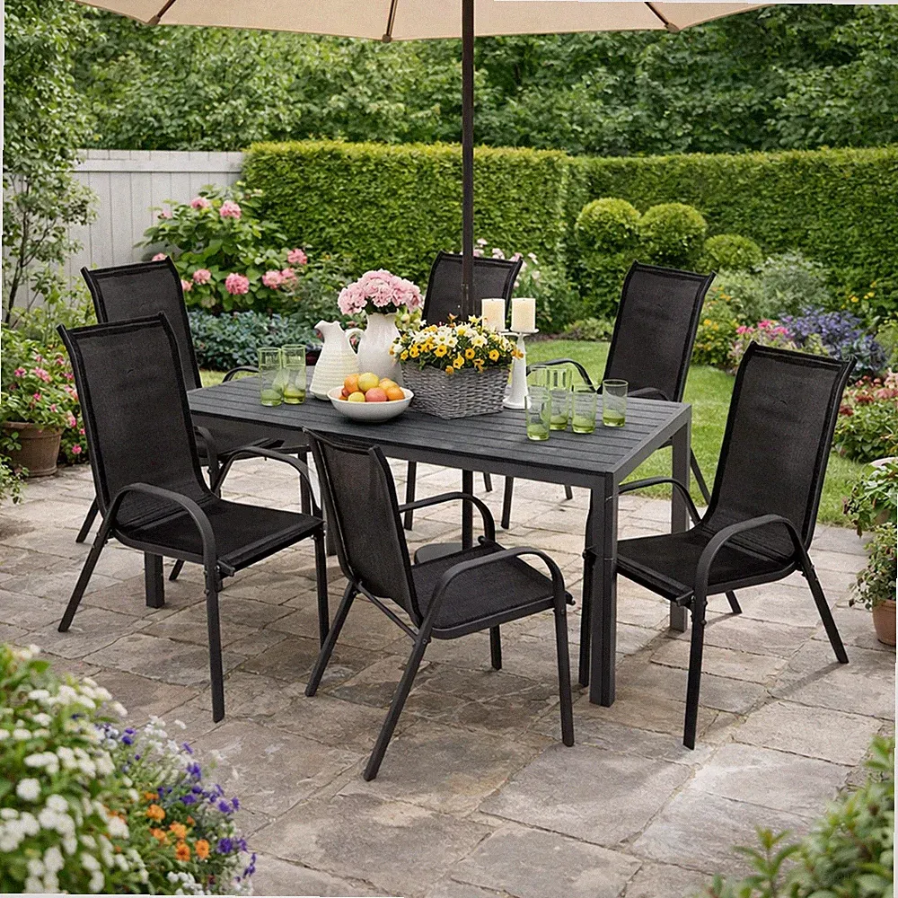 7-tlg. Gartengarnitur Aluminium Non-Wood 180x90cm Gartentisch Anthrazit/Schwarz