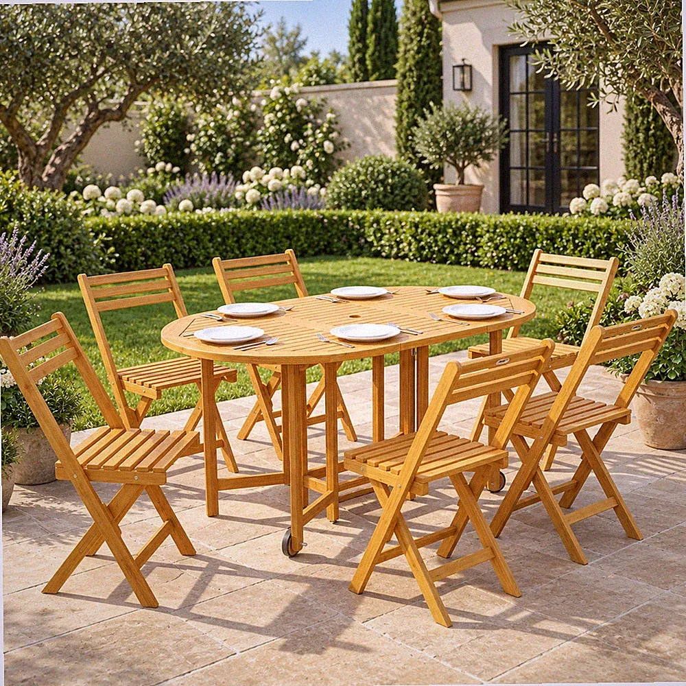 7-tlg Gartenmöbel Set 4-6 Personen Ausziehtisch 6 Klappstühle FSC Naturholz