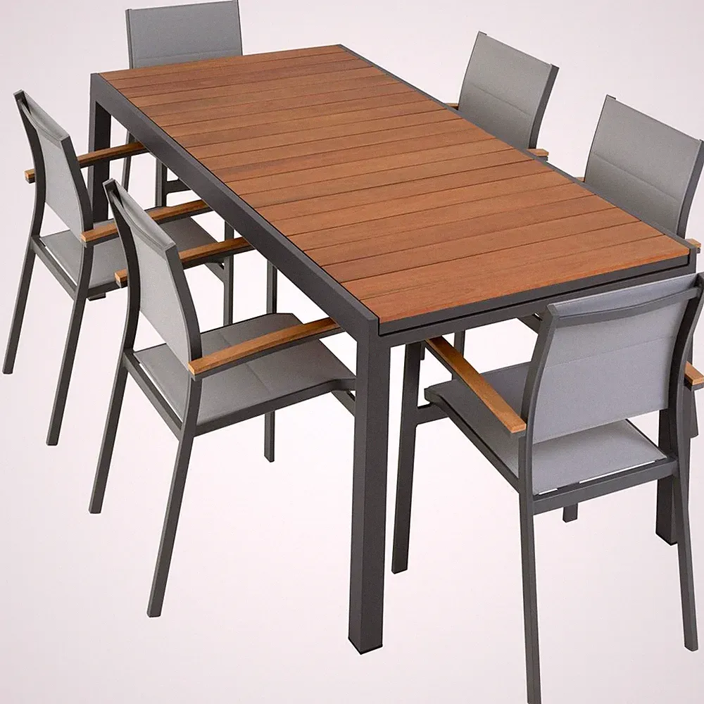 7er Set Ausziehbarer Gartentisch Holz Alu mit 6 Stapelstühlen Garten-Garnitur