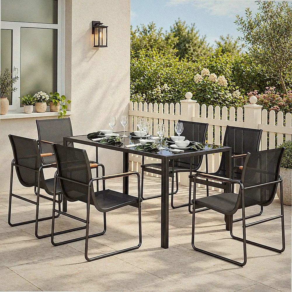 7tlg Gartenmöbel Set Gartensitzgruppe Gartentisch Glastisch Armlehnen Schwarz