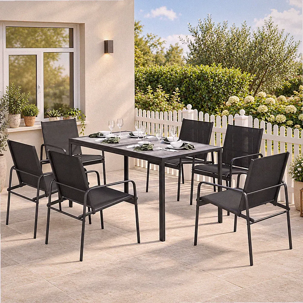 7tlg Gartenmöbel Set Gartensitzgruppe Tisch 6 Stühle Holzoptik Stahl Schwarz