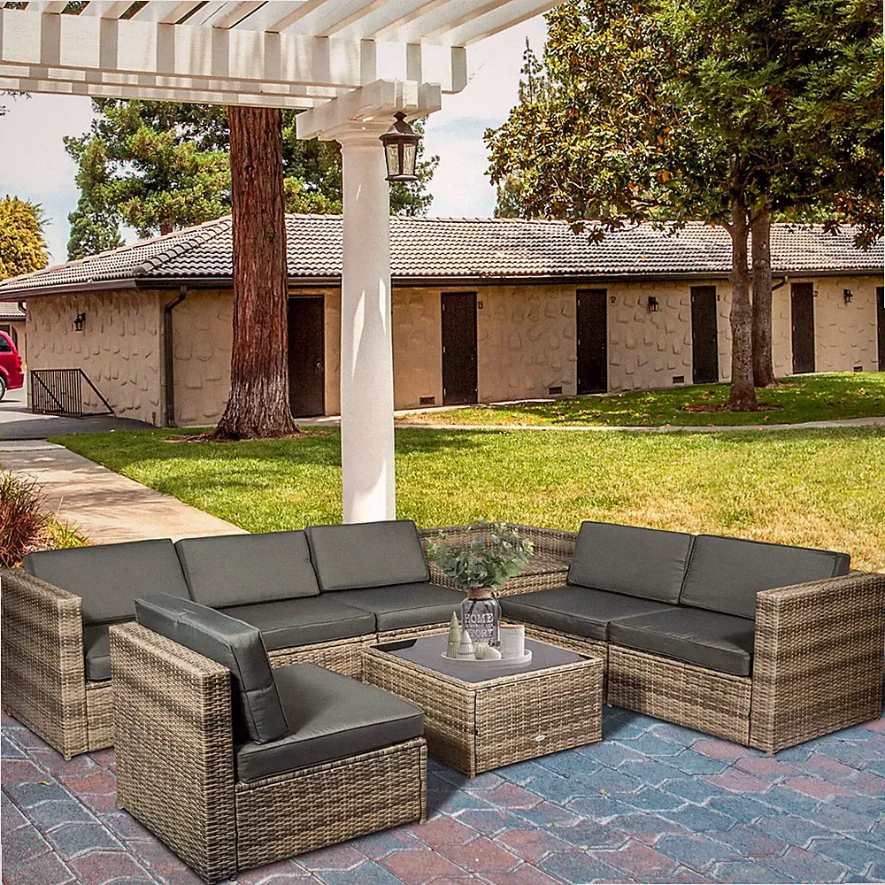 8-tlg. Terrassen Rattan Ecksofa Garnitur Garten Beistelltisch Kissen 6-Sitzer **