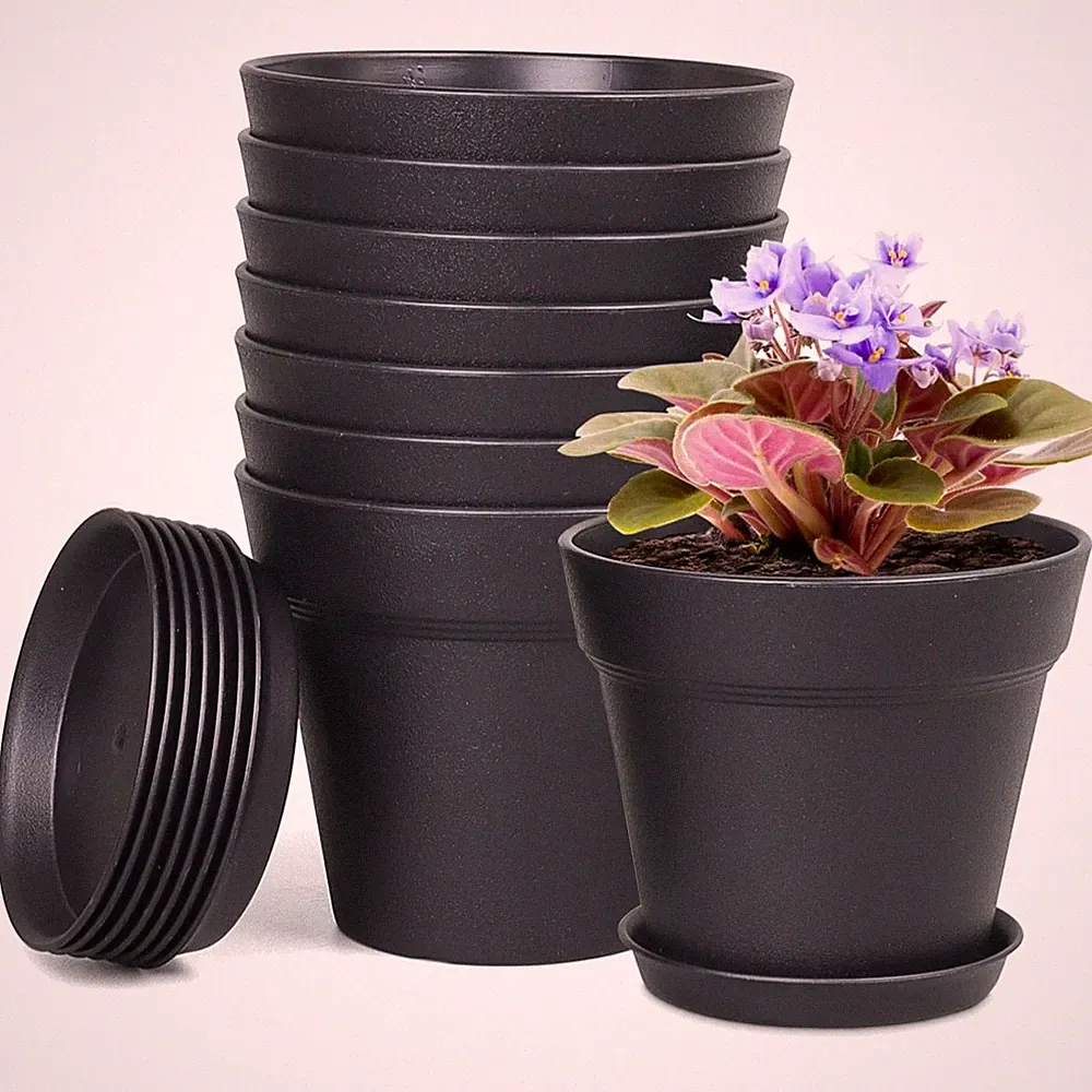 8er Set Blumentöpfe 10cm mit Untersetzern, Hydrokultur für Innen/Balkon, Schwarz