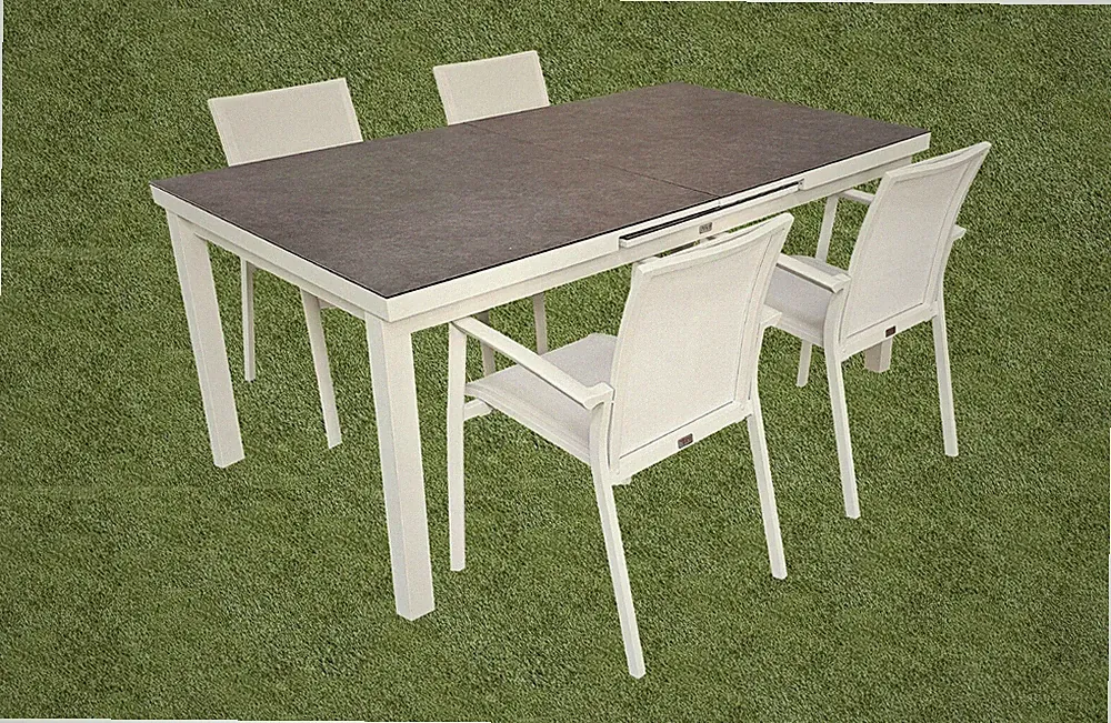 9-tlg. Alu Gartenmöbel Set weiß ausziehbarer Tisch mit 8 stapelbaren Stühlen