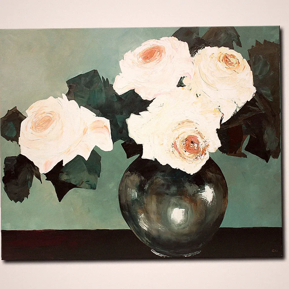 Acryl Bild Gemälde Modern Blumen Vase Rosen Abstrakt Weiß Groß Original NOVAARTE