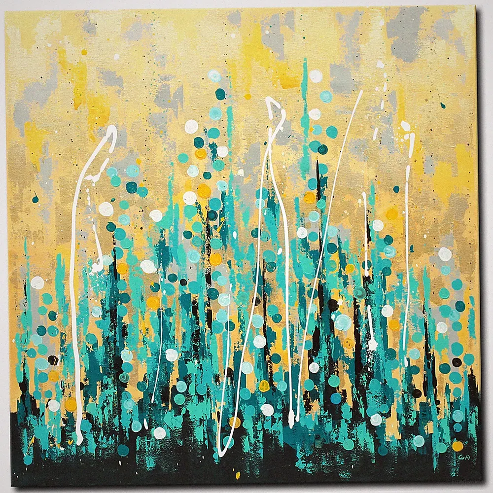 Acryl Bild Gemälde Modern Landschaft Abstrakt Gold Türkis Dots Original NOVAARTE