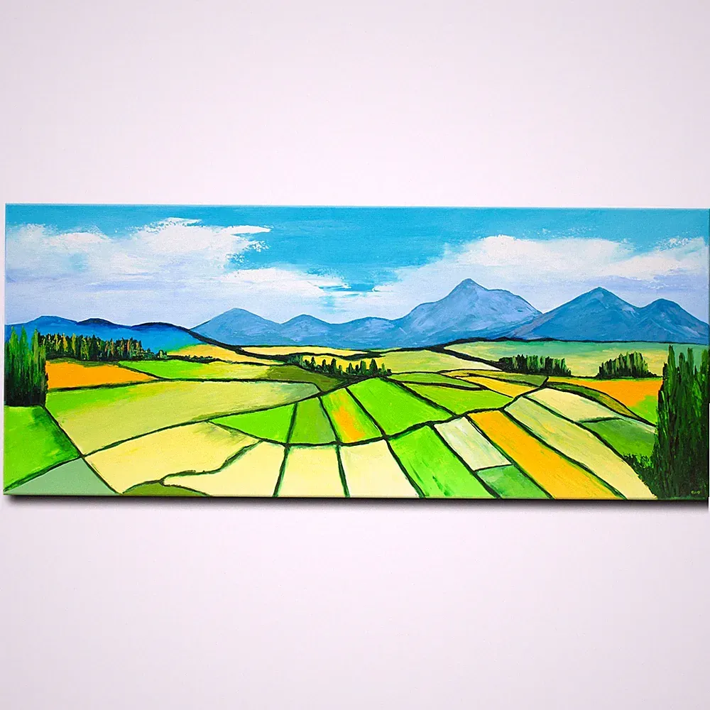 Acryl Bild Gemälde Modern Landschaft Felder Berge Abstrakt Handgemalt ORIGINAL