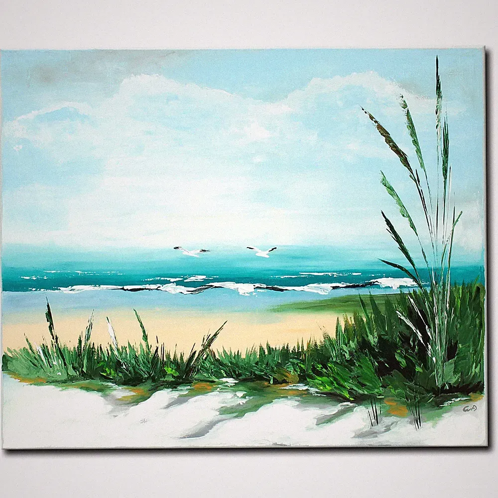 Acryl Bild Gemälde Modern Meer Küste Gräser Möwen Abstrakt Handgemalt ORIGINAL