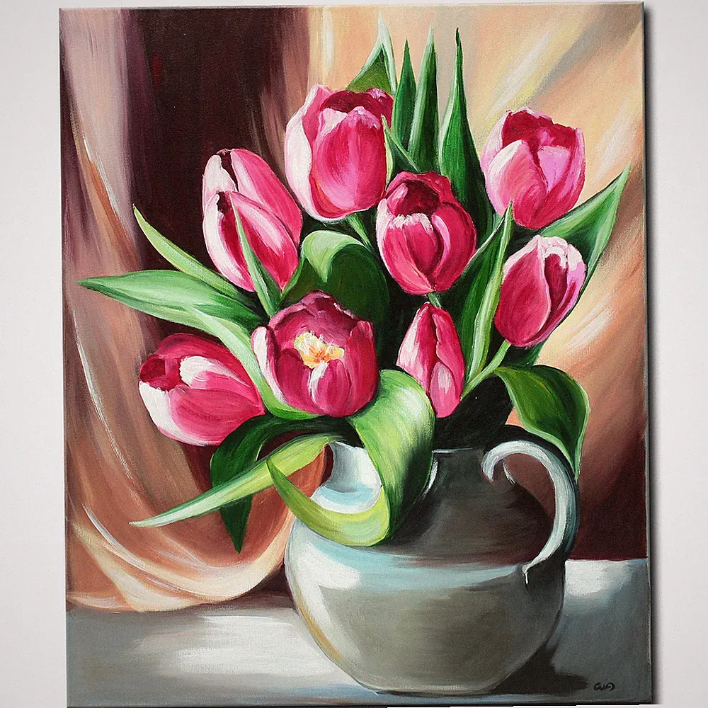 Acryl Bild Gemälde Modern Tulpen Blumen Vase Abstrakt Art Rosa Original NOVAARTE