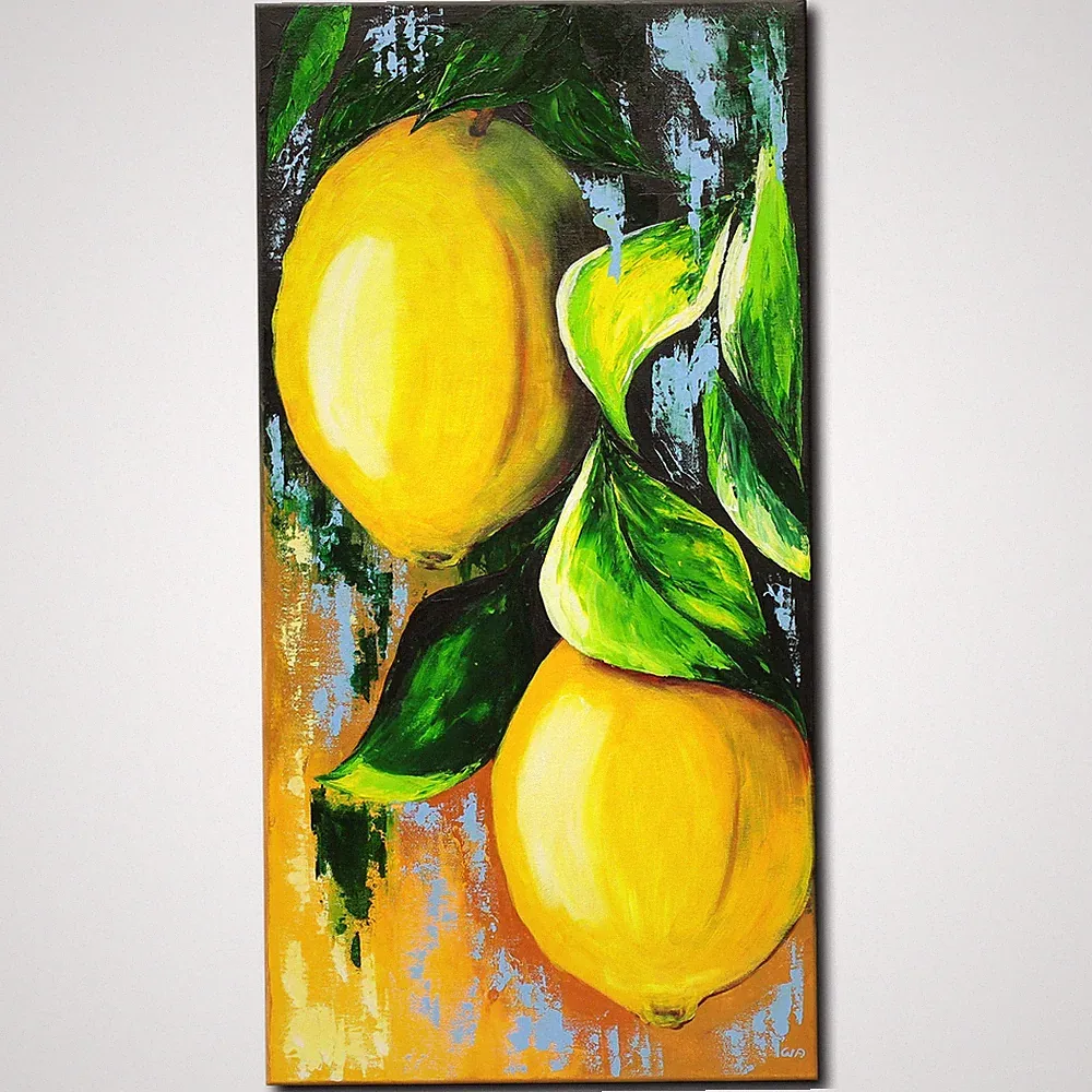 Acryl Bild Gemälde Modern Zitronen Baum Zweig Abstrakt Zart Handgemalt ORIGINAL