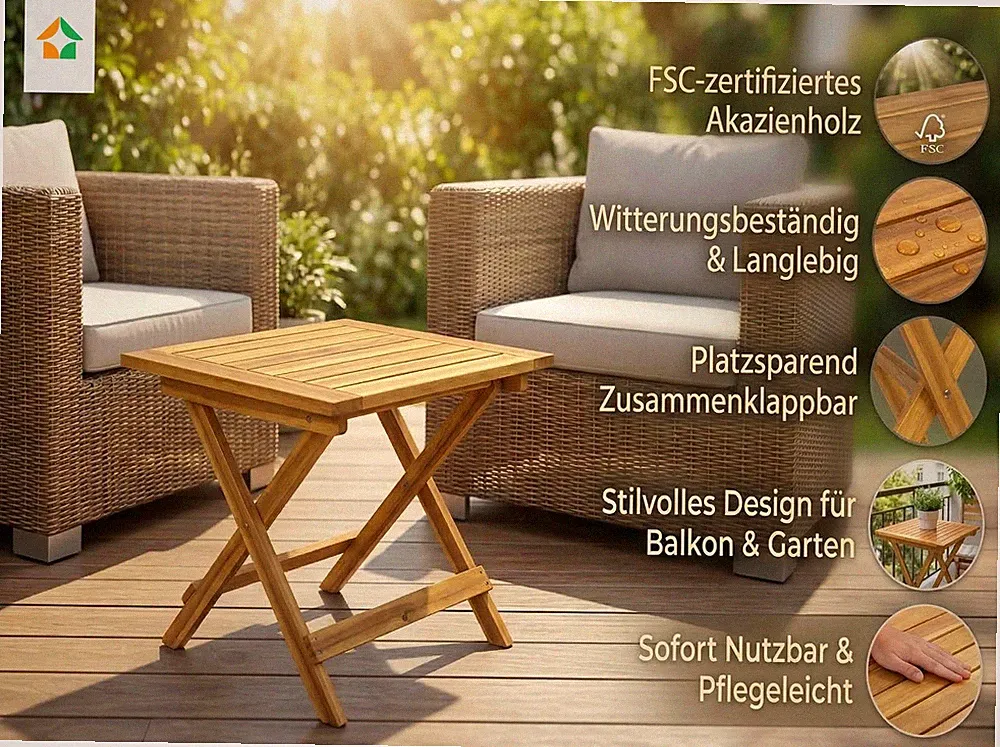 Akazienholz Gartenklapptisch Beistelltisch 45 cm FSC