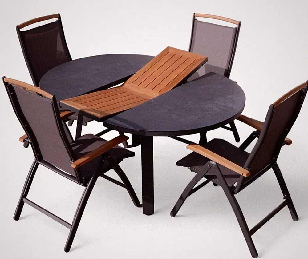 ALEOS. Gartengarnitur Alu TEAK Set Tisch 120-160cm ausziehbar + 4 Hochlehner