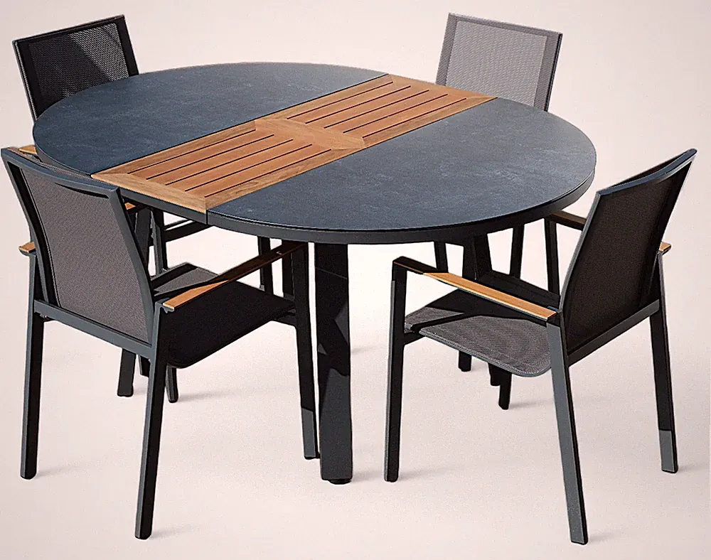 ALEOS. Gartengarnitur Alu TEAK Set: Tisch 120-160cm ausziehbar + 4 Stapelstühle