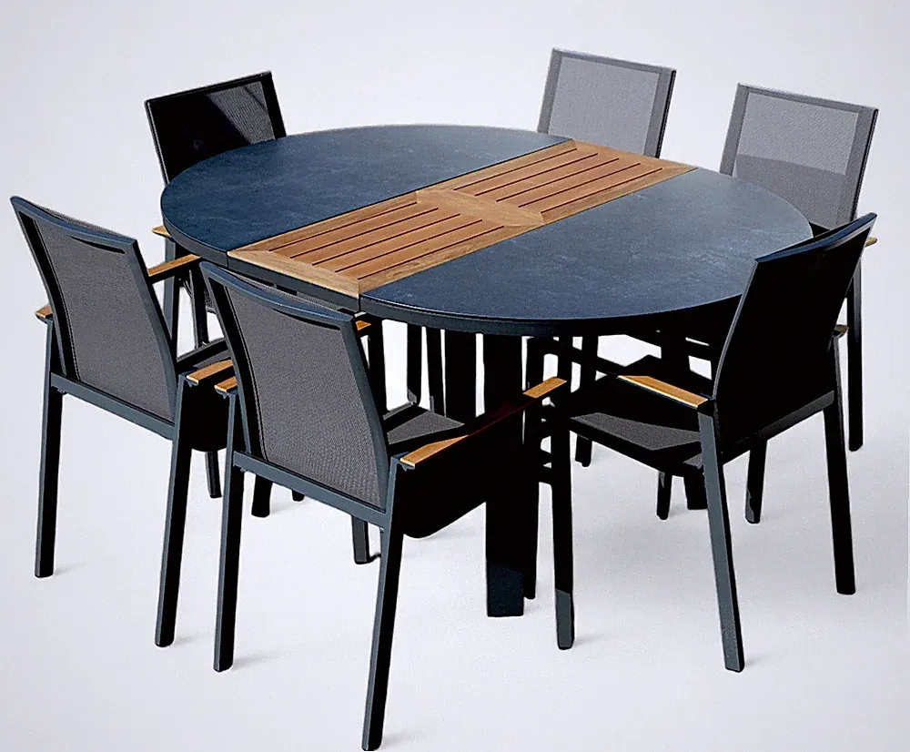 ALEOS. Gartengarnitur Alu TEAK Set Tisch 120-160cm ausziehbar + 6 Stapelstühle