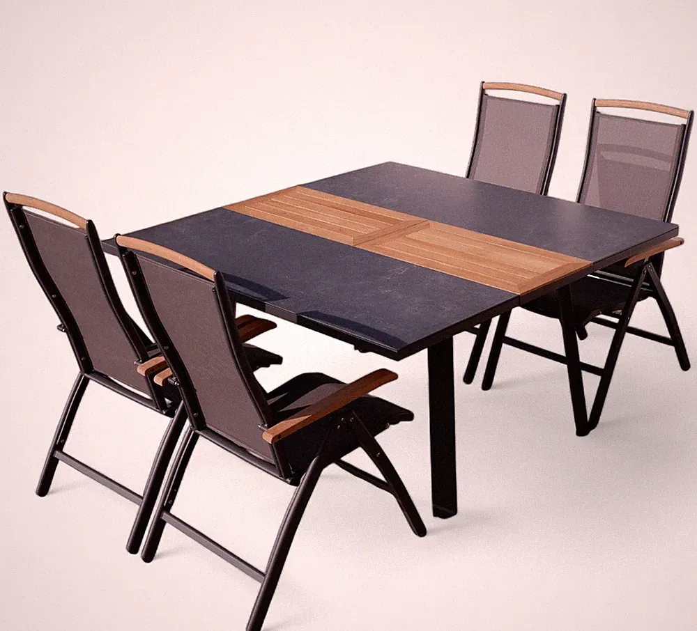 ALEOS. Gartengarnitur Alu TEAK Set Tisch 150x110-150cm ausziehbar + 4 Hochlehner