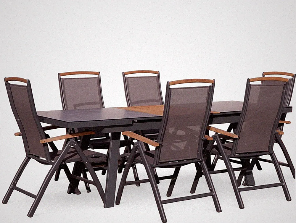 ALEOS. Gartengarnitur Alu TEAK Set Tisch 180-240x90cm ausziehbar + 6 Hochlehner