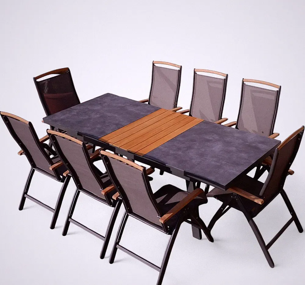 ALEOS. Gartengarnitur Alu TEAK Set Tisch 180-240x90cm ausziehbar + 8 Hochlehner